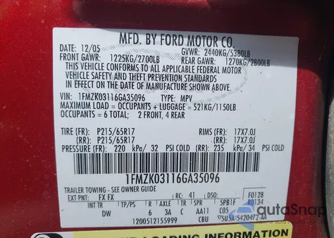 2006 Ford Freestyle Limited from USA, damaged, VIN 1FMZK03116GA35096